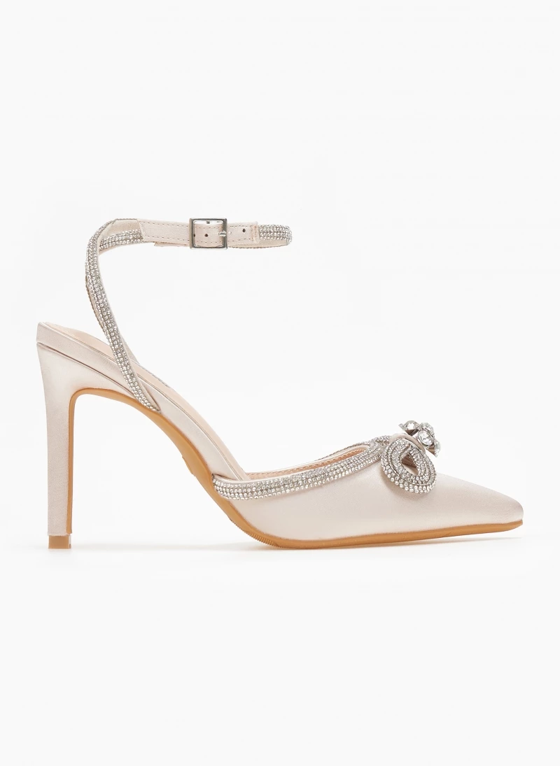 The Fashion Project Γόβες σατέν μυτερές με μπαρέτα και στρας - Μπεζ