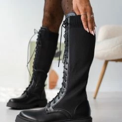 The Fashion Project Μπότες κάλτσα με κορδόνια - Μαύρο